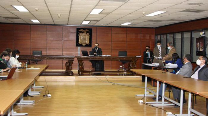La audiencia de revisión de medidas para cuatro procesados por delincuencia organizada, entre ellos Pablo Celi, se realizó este 23 de junio del 2021. Foto: Tomada de la cuenta Twitter Fiscalía Ecuador