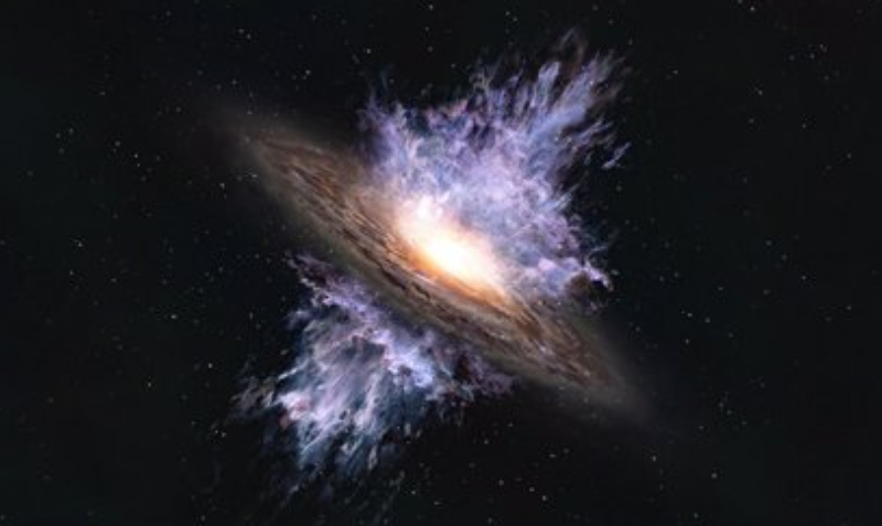 Impresión artística de un viento galáctico impulsado por un agujero negro supermasivo ubicado en el centro de una galaxia. Foto: Europa Press