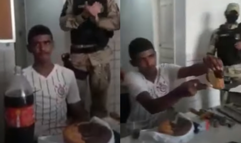 El joven detenido comparte la torta de cumpleaños que le compraron policías de Brasil. El caso ocurrió en el municipio brasileño de Macao. Foto: Captura