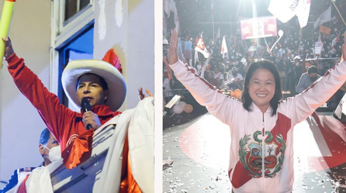 Los candidatos presidenciales Pedro Castillo y Keiko Fujimori cerraron la campaña electoral la noche del 4 de junio del 2021, antes celebrar las elecciones. Fotos: Reuters y EFE
