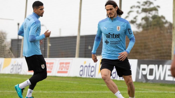 Fotografía cedida por la Asociación Uruguaya de Fútbol (AUF) que muestra al delantero uruguayo Edinson Cavani durante una práctica. Foto: EFE