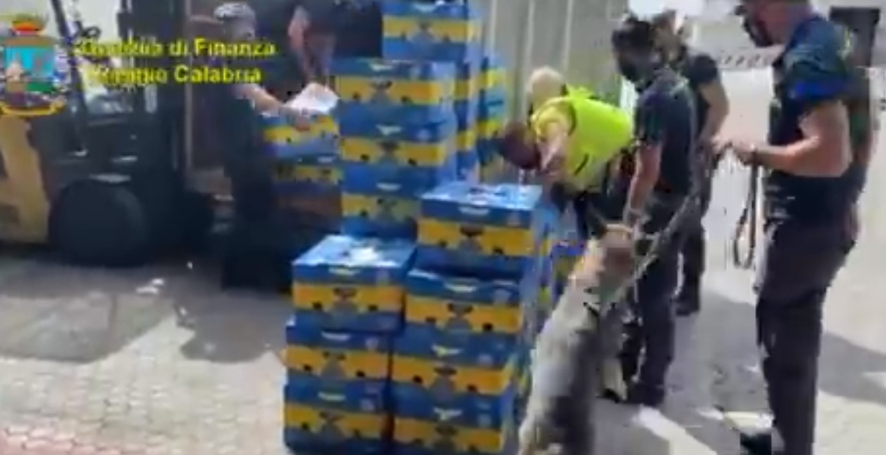 Policías de la Guardia di Finanza de Italia se decomisaron las cajas del cargamento de banano en donde estaba escondida la droga. Foto: Guardia di Finanza