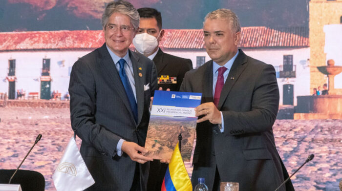 Guillermo Lasso recibió la Presidencia pro témpore de la CAN de manos del jefe de Estado colombiano, Iván Duque. Foto: EFE
