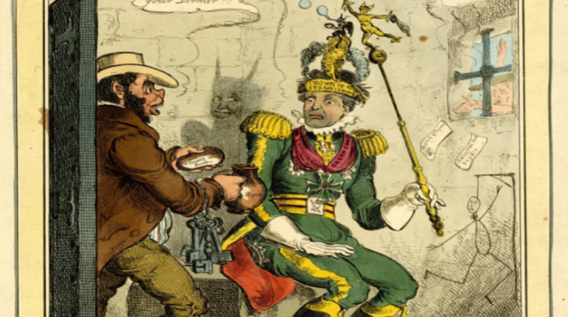 Una caricatura publicada por el artista John Fairburn, en 1827, retrata a Gregor MacGregor como el decadente ‘Cacique de Poyais’, que espera la fianza en prisión. Foto de pinturas e ilustraciones: british museum