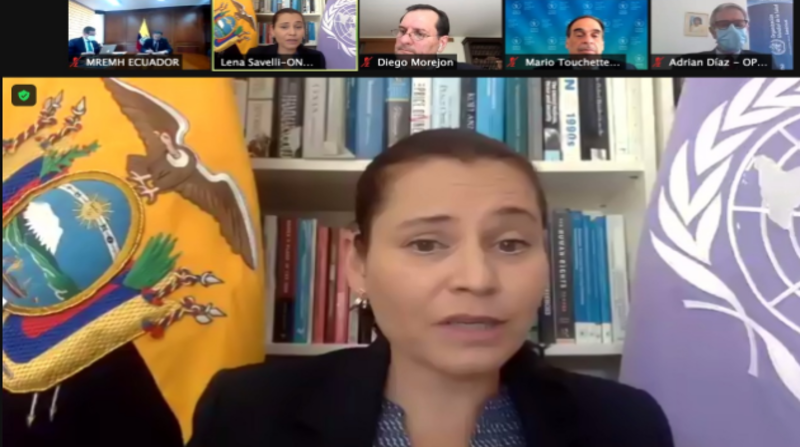 En la reunión, desarrollada de forma virtual, participaron el canciller ecuatoriano, Mauricio Montalvo, y la coordinadora residente de la ONU en Ecuador, Lena Savelli. Foto: Captura de pantalla