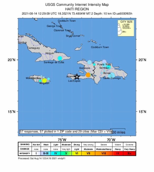 Reporte de USGS del terremoto de magnitud 7.2 en Saint-Louis du Sud, sur de Haiti, este 14 de agosto del 2021. Foto: EFE/USGS