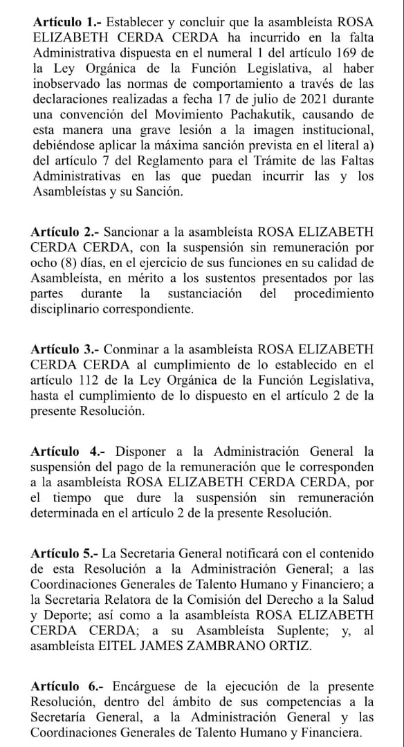 Resolución del CAL sobre la asambleísta Rosa Cerda de Pachakutik. Cortesía
