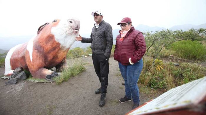 Los visitantes se hicieron fotos junto al cuy gigante, la llamativa escultura de Puéllaro, en el mirador Cerro La Luz. Foto: Galo Paguay / EL COMERCIO