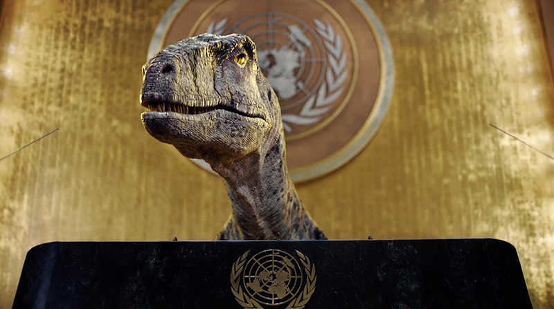Frankie, el dinosaurio, forma parte de la campaña de crisis climática del PNUD. Foto: redes sociales