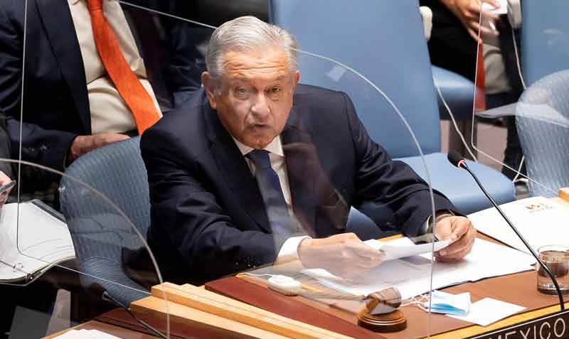 El presidente Andrés Manuel López Obrador durante su discurso ante el Consejo de Seguridad de la ONU en Nueva York. Foto: EFE