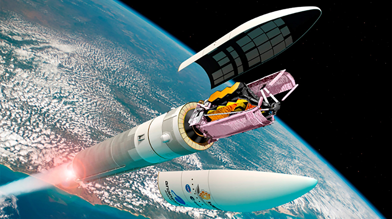 Una representación del telescopio espacial James Webb, de cuando dejará el cohete que lo llevará al espacio, este 24 de diciembre del 2021. Foto: EFE/ESA