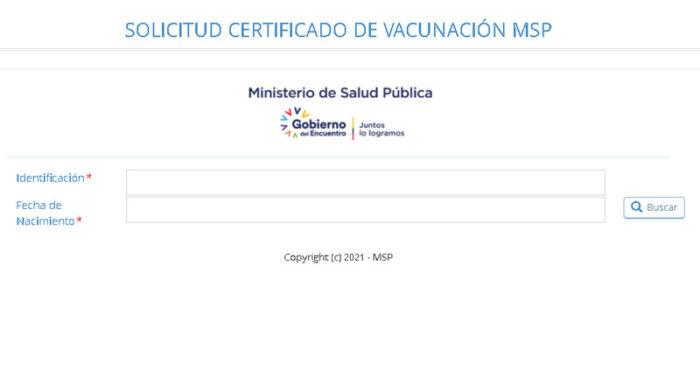 Página web para obtener el certificado de vacunación contra el covid-19. Foto: Captura de pantalla