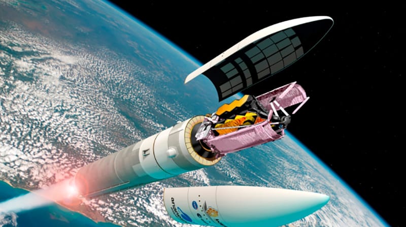 Ilustración artística del telescopio espacial James Webb separándose del cohete Ariane 5 tras el lanzamiento desde el puerto espacial europeo en la Guayana Francesa. Con el James Webb, una 'máquina del tiempo' se sondeará regiones del cosmos inaccesibles hasta ahora. Foto: EFE / ESA