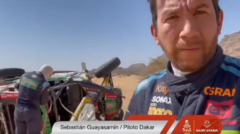 Sebastián Guaysamín sufrió un accidente en la etapa 10 del Rally Dakar. Foto: captura de pantalla del video publicado por el piloto en sus redes sociales.