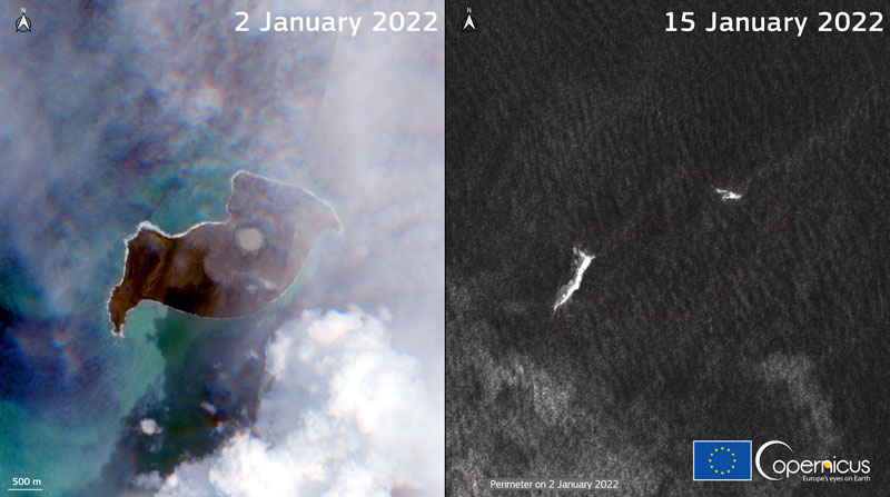 Imagen satelital de la isla del volcán Hunga Tonga antes y después del 15 de enero, cuando se produjo la erupción. Foto: EFE