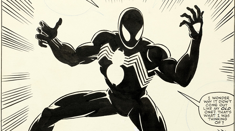 En este comic el hombre araña aparece con el traje negro que llevaría a la aparición del personaje Venom. Foto: Twitter @HeritageAuction