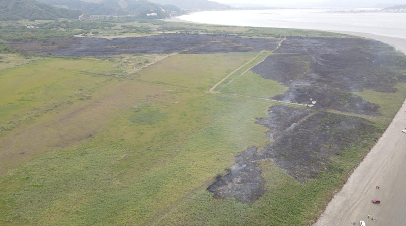 20 hectáreas de terreno quedaron totalmente calcinadas, después del incendio registrado cerca de la playa de San Vicente, en Manabí. Foto: Twitter Ministerio del Ambiente