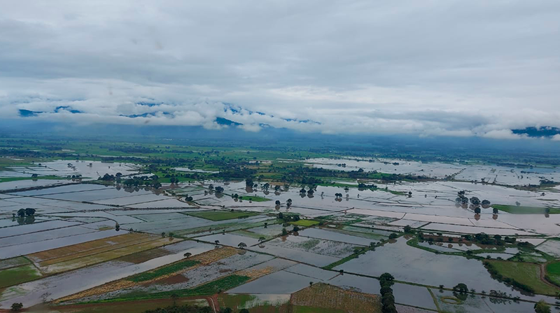 Las fuertes lluvias registradas en las últimas horas en los cantones de Pujilí y La Maná, en Cotopaxi, provocaron el desbordamiento de los ríos Quindigua, Pilaló y San Pablo. Foto: Cortesía FAE