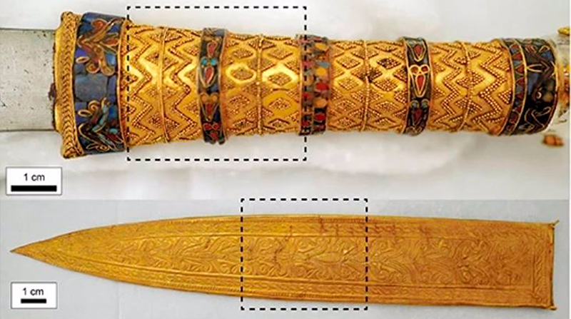 La empuñadura, la parte superior y la vaina de la daga de hierro hallada en la tumba de Tutankamón. Foto: Europa Press