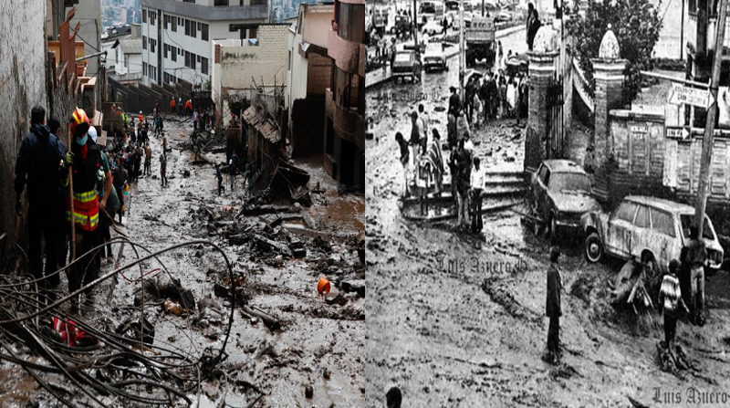 Contraste entre el aluvión en La Gasca del 2022 y 1975. Fotos: Patricio Terán/ EL COMERCIO y Luis Azuero