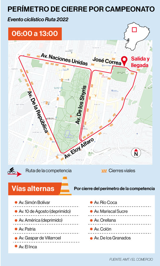 Infografía del cierre de vías por el Campeonato Nacional de Ruta 2022 en Quito. Fuente AMT