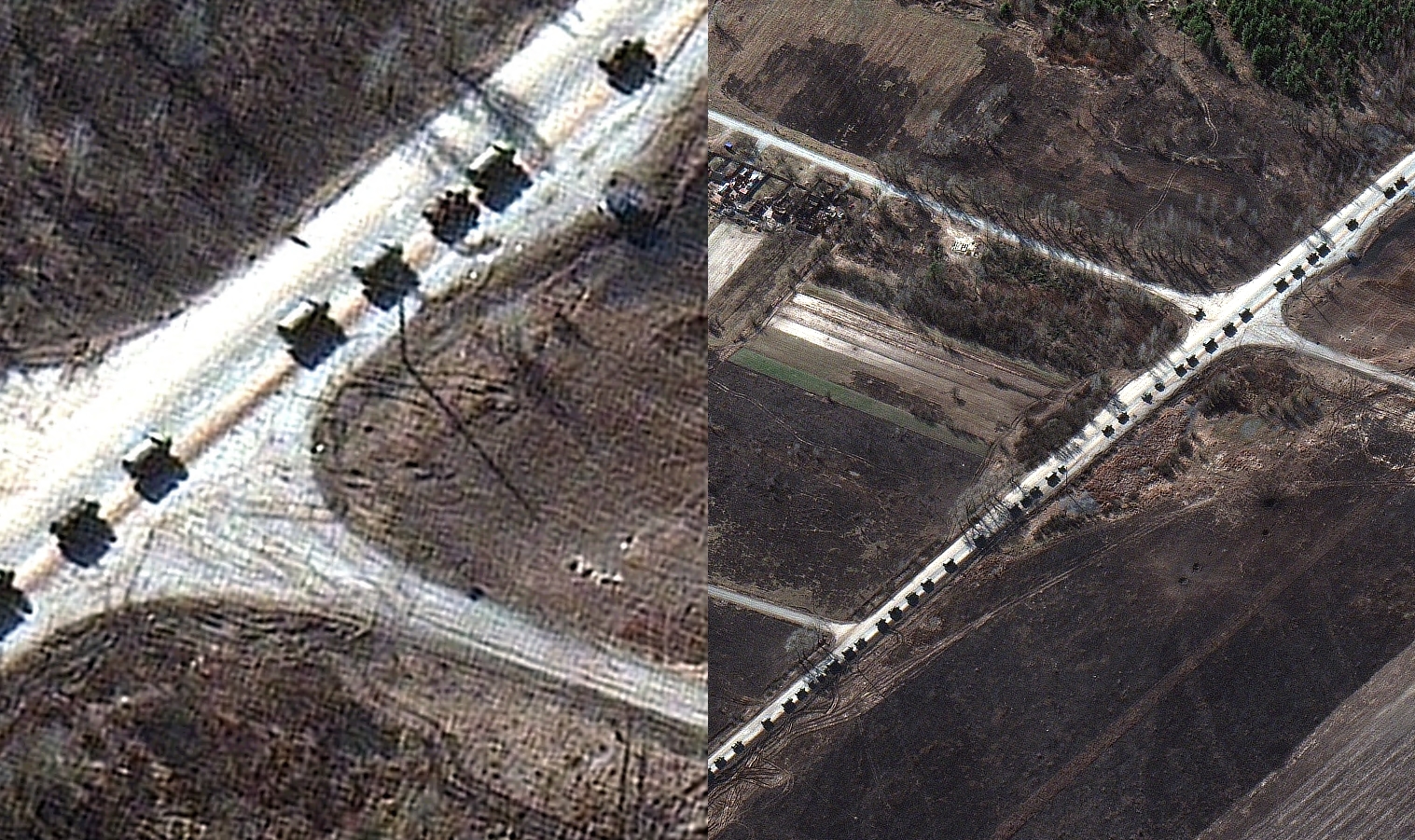 Una imagen satelital facilitada por Maxar Technologies muestra parte de un convoy militar de Rusia al sur de Ivankiv, Ucrania, el pasado 28 de febrero de 2022. Foto: EFE / Maxar Technologies