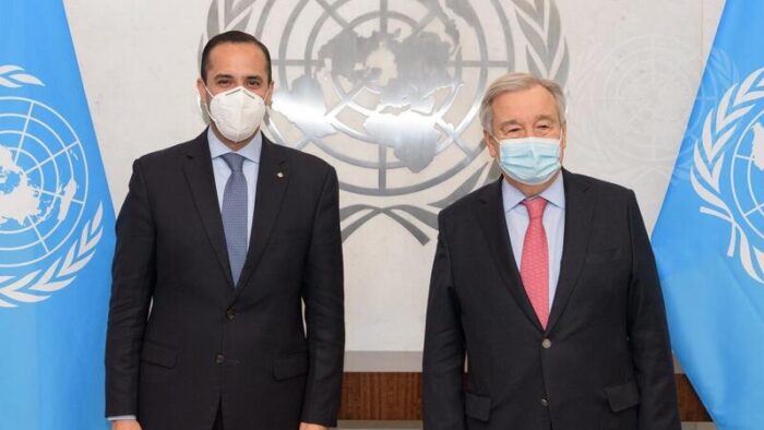 Secretario General de la ONU, António Guterres, destacó posición de Ecuador ante el conflicto armado y resaltó su posibilidad de entrar al Consejo de Seguridad. Foto: Twitter de Canciller de Ecuador.