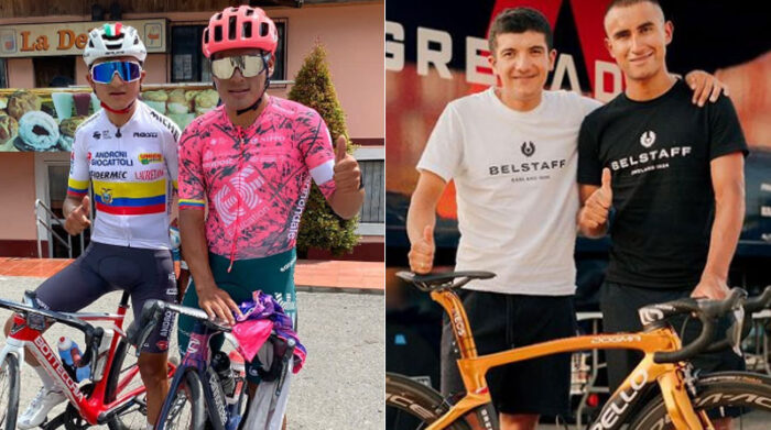 From left to right Alexander Sepeda, Jonathan Cassedo, Richard Carapaz and Jonathan Norvez, Ecuadorian cyclists competing in the 2022 Giro d'Italia.  Photos: Instagram jhonatan_narvaez97 and cepedalalexander583