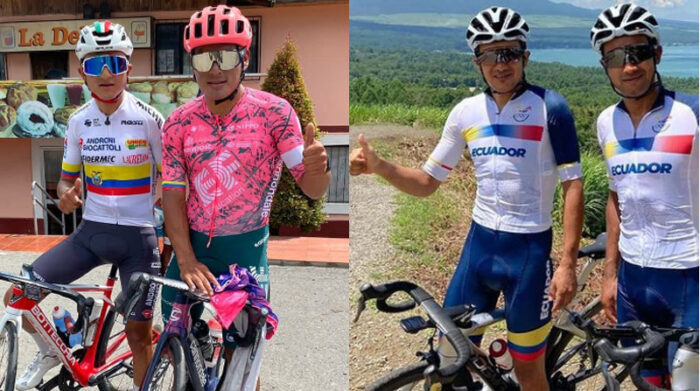 De izquierda a derecha está Alexander Cepeda, Jonatan Caicedo, Richard Carapaz y Jhonatan Narváez, ciclistas ecuatorianos que competirán en el Giro de Italia 2022. Fotos: Instagram jhonatan_narvaez97y cepedaalexander58