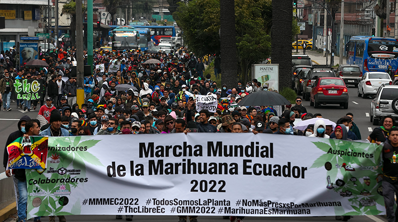Simpatizantes y activistas a favor de la legalización de la marihuana marcharon en Quito. Foto: EFE