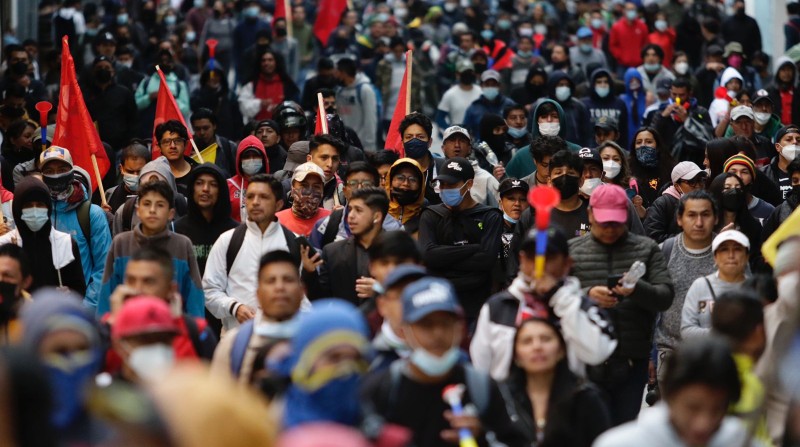 Manifestantes provenientes del centro del país avanzan por la Panamericana sur, para este 20 de junio de 2022 continuar su camino hasta llegar a Quito. Foto: Carlos Noriega / El Comercio