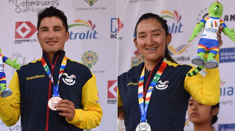 Jefferson Cepeda y Miryam Núñez en el podio de la prueba ruta de los Juegos Bolivarianos 2022. Foto: Twitter @ECUADORolimpico