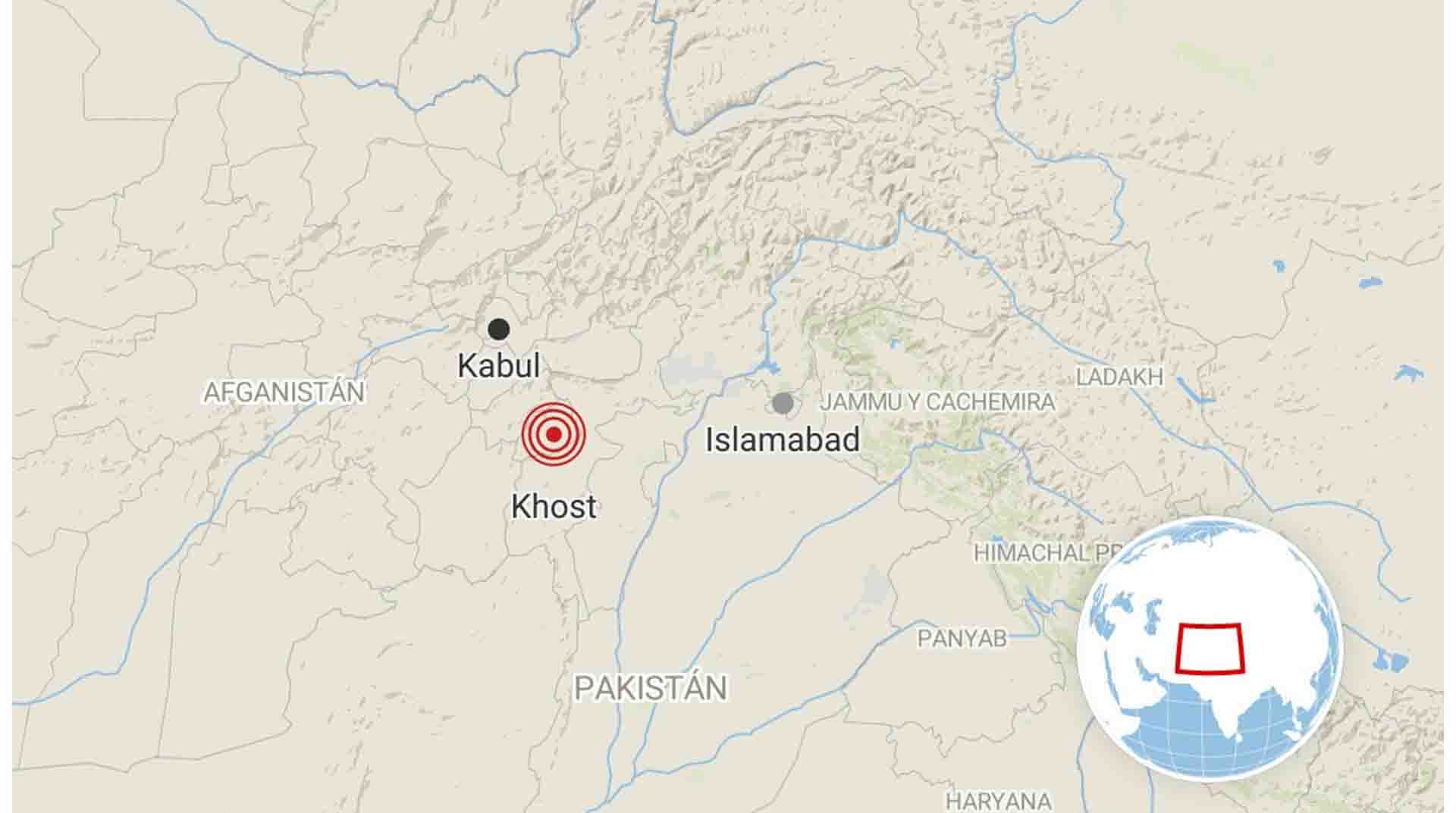 Imagen que muestra la localización del terremoto de 5.9 grados de magnitud registrado en Afganistán. Foto: EFE