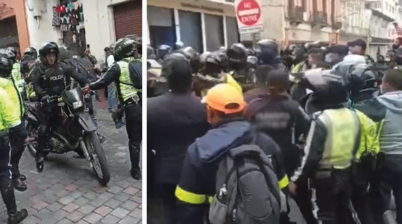 Los policías y agentes de tránsito fueron grabados durante un enfrentamiento en el Centro Histórico de Quito. Foto: Captura de pantalla