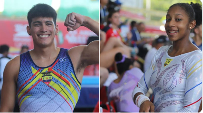 Los gimnastas Alais Perea (der.) e Israel Chiriboga ganaron medallas en Juegos Bolivarianos 2022. Foto: Twitter @ECUADORolimpico