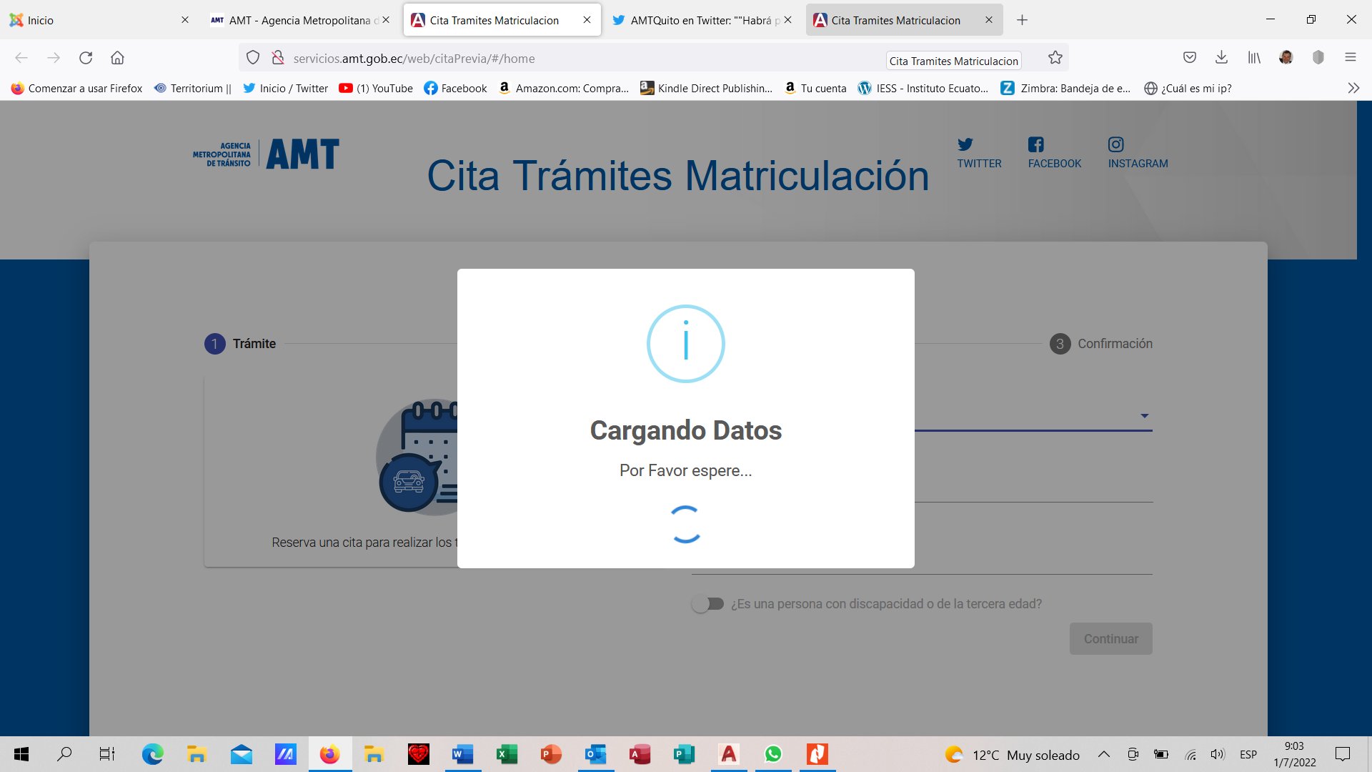 El sistema de cita previa que anunicó el Municipio de Quito para la revisión técnica vehícula está caído. Foto: Captura de pantalla.
