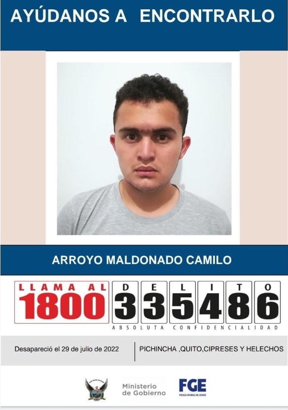 Camilo Fernando Arroyo Maldonado, de 18 años se encuentra desaparecido desde el 29 de julio del 2022. Foto: Policía Nacional
