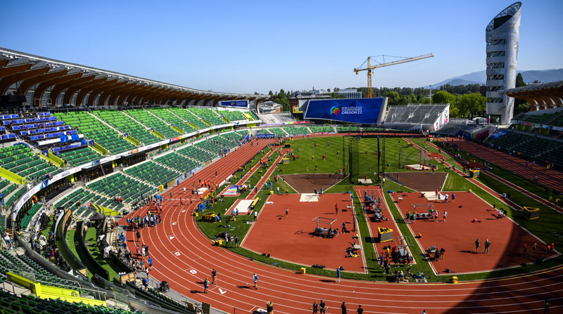 Imagen del estadio Hayward Field en Eugene, Estados Unidos, dónde se realizarán competencias del mundial de atletismo. Foto: EFE