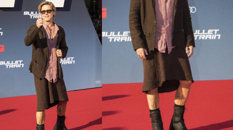 El actor estadounidense Brad Pitt luciendo una falda marrón. Foto: Redes Sociales