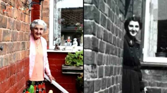 Elsie Allcock posa en el ingreso de su casa, donde ha vivido 104 años. Foto: Internet