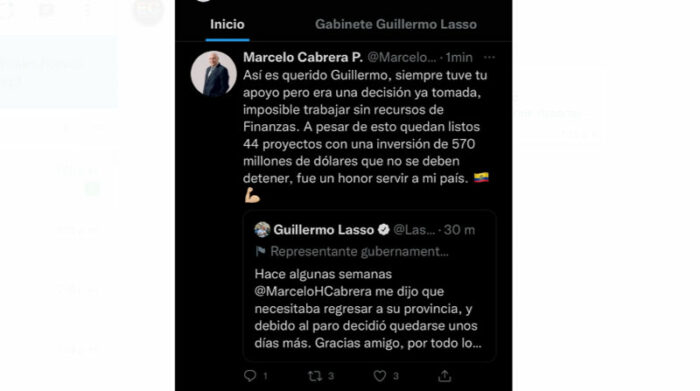 Marcelo Cabrera, quien ocupó el Ministerio de Transporte y Obras Públicas, respondió en Twitter al presidente, Guillermo Lasso, en donde dijo que "fue imposible trabajar sin recursos de Finanzas". Foto: Captura de pantalla