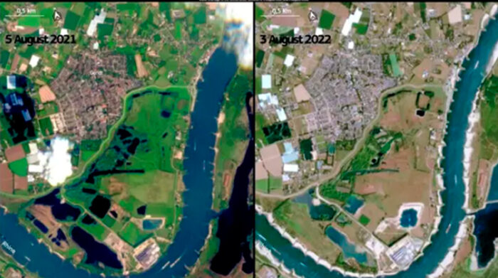 Imágenes tomadas por el satélite de Copernicus Sentinel-2 de la Unión Europea en Países Bajos que muestra el efecto de la sequía en Europa. Foto: Europa Press