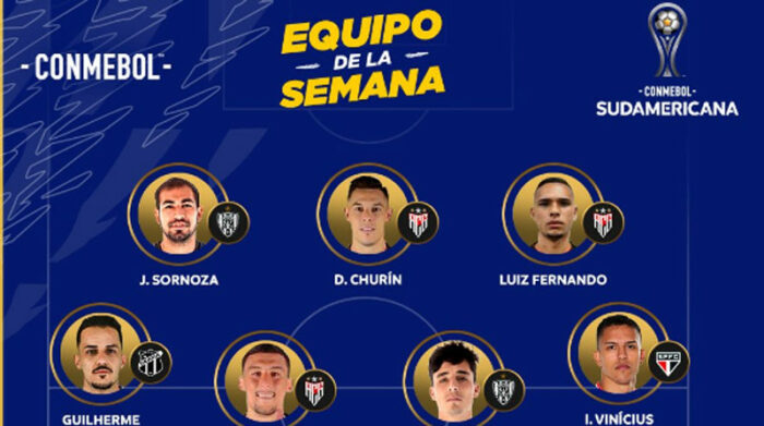 Junior Sornoza fue incluido en el 11 de la semana de la Sudamericana. Jhoanner Chávez y Lorenzo Farraveli jugadores de IDV también estuvieron incluidos. Foto: Copa Sudamericana
