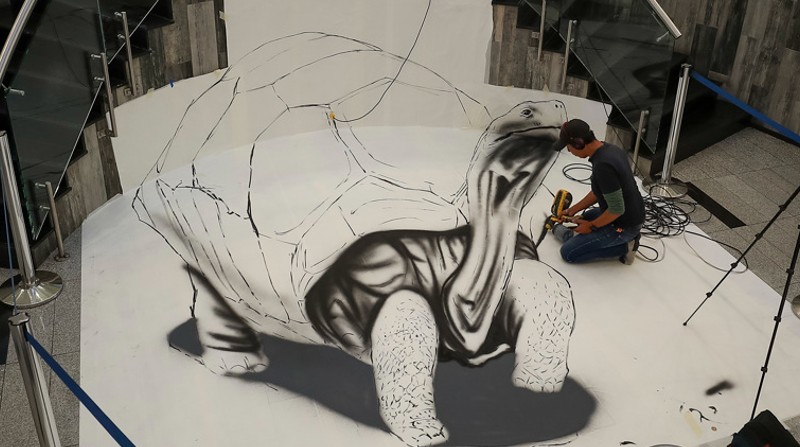 Un artista dibuja una tortuga en un centro comercial, en Quito (Ecuador). Foto: EFE/José Jácome
