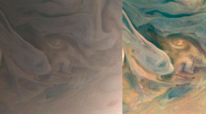 Juno capturó las imágenes a unos 5 300 kilómetros por encima de las nubes de Júpiter. Foto: Nasa