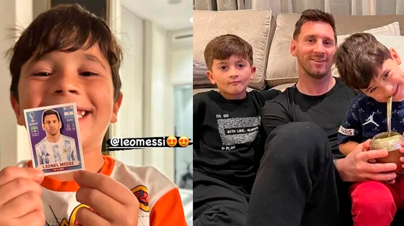 Mateo Messi con el cromo de su padre en el álbum del Mundial Foto: Instagram: @antonelaroccuzzo y @leomessi