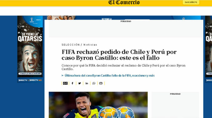 Imagen del portal de El Comercio de Perú. Foto: Captura de pantalla