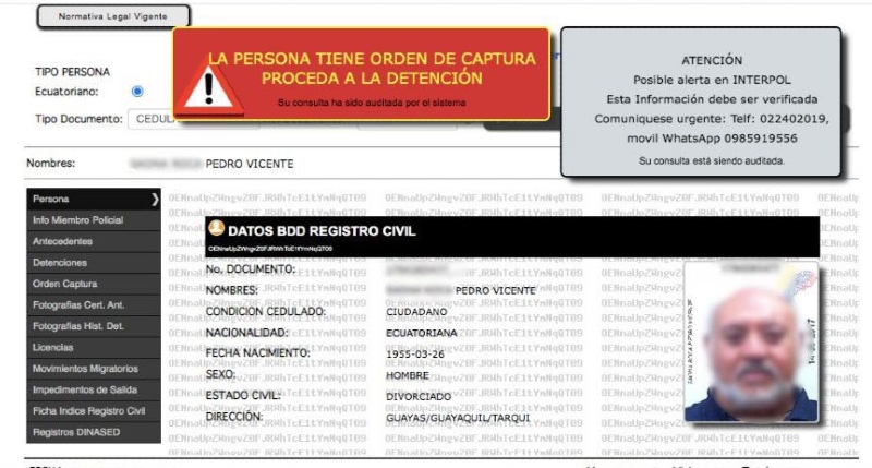La ficha de Pedro Vicente S muestra que la persona tenía orden de captura para su detencion inmediata.