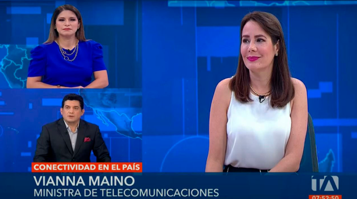 La ministra de Telecomunicaciones, Vianna Maino, durante una entrevista con Teleamazonas. Foto: Twitter @vmaino