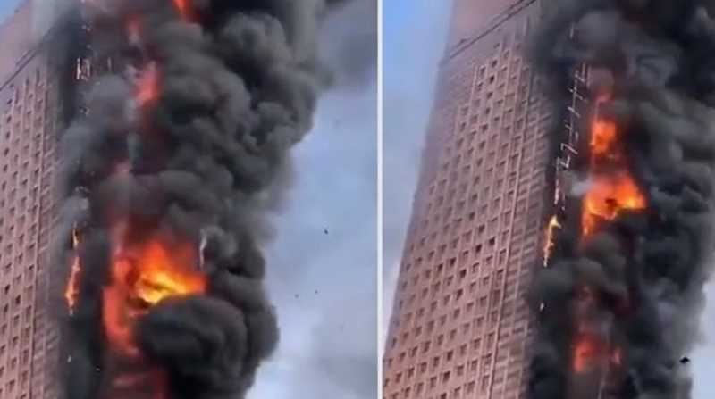 En China se incendia un rascacielos. Foto: Internet